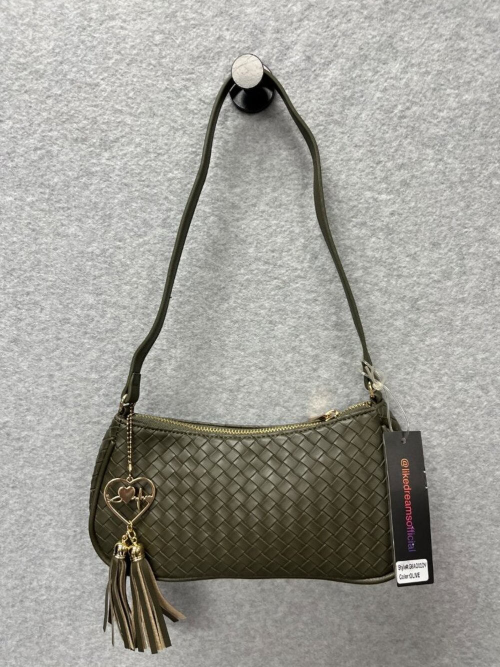 Like Dreams Ash Woven Shoulder Bag Olive Vegan Leather Zip Gold Tassel Charm